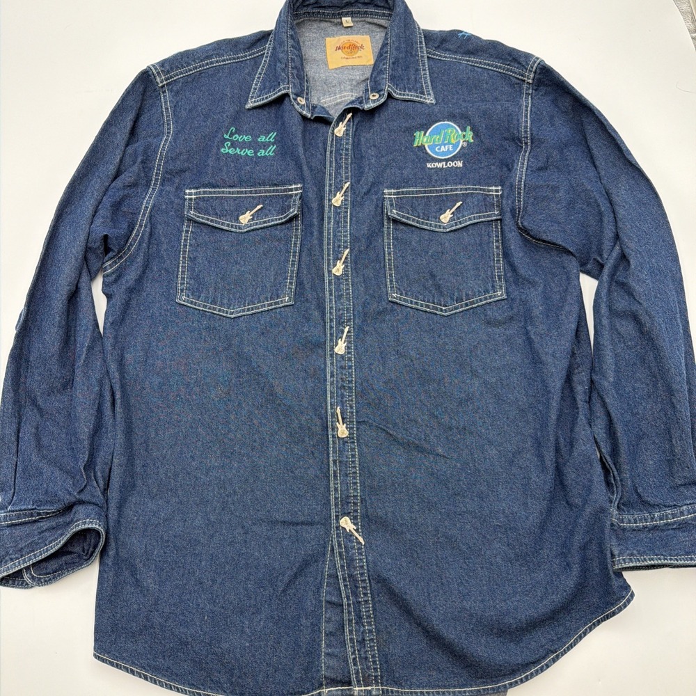 Vintage Hard Rock Cafe Dark Blue Denim Shirt HRC Guitar Snap Buttons Size Large